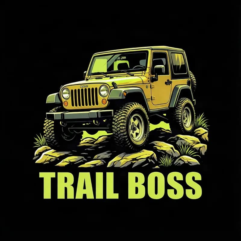 AI-made t-shirt design: a green 4x4 jeep climbing rocks above the words TRAIL BOSS