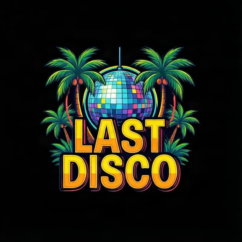Bachelorette shirt design: a disco ball between palm trees with the words LAST DISCO