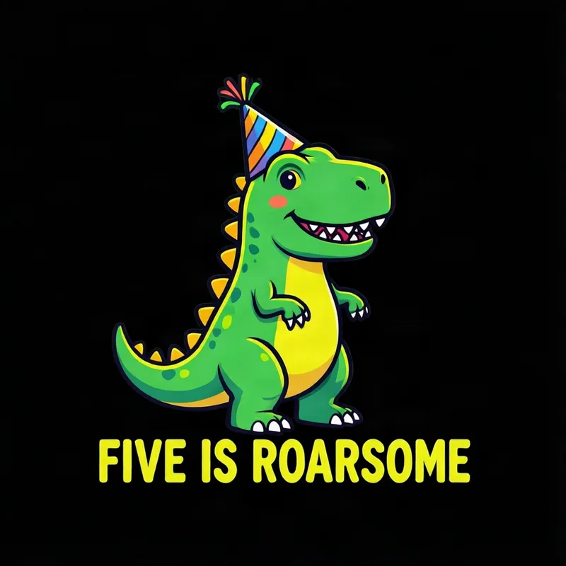 Birthday shirt design: a green dinosaur in a party hat above the words FIVE IS ROARSOME