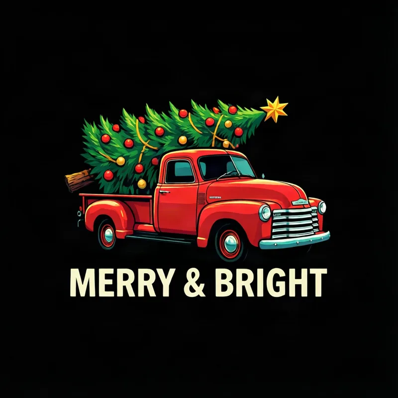 Christmas shirt design: a red vintage pickup truck carrying a Christmas tree above the words MERRY & BRIGHT