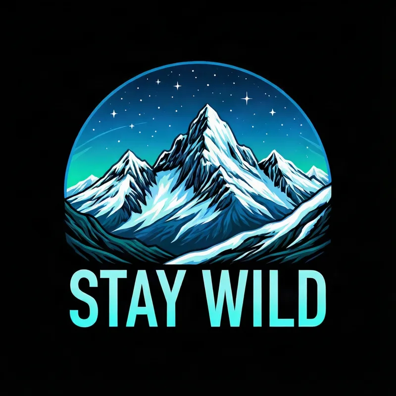 Hoodie design: snowy mountains under a starry sky above the words STAY WILD