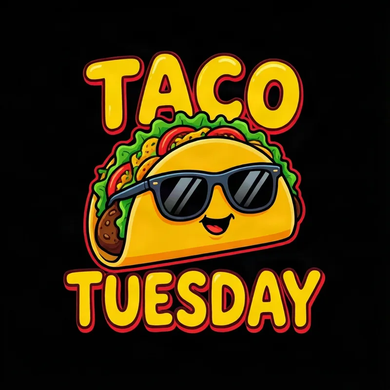 Sticker design: a cartoon taco in sunglasses with the words TACO TUESDAY
