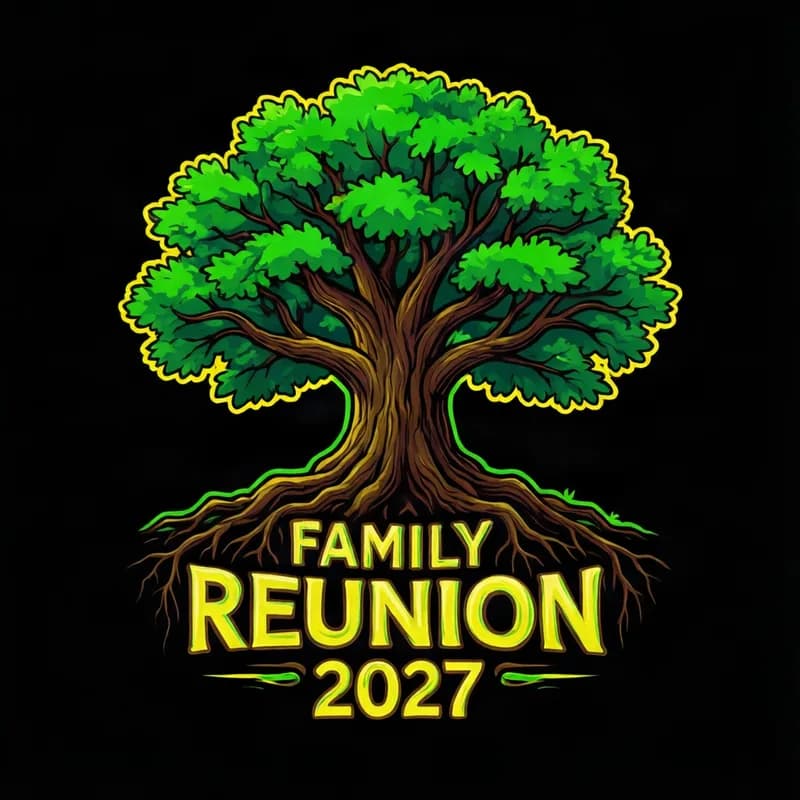 Family reunion shirt design: a big oak tree with deep roots and the words FAMILY REUNION 2027