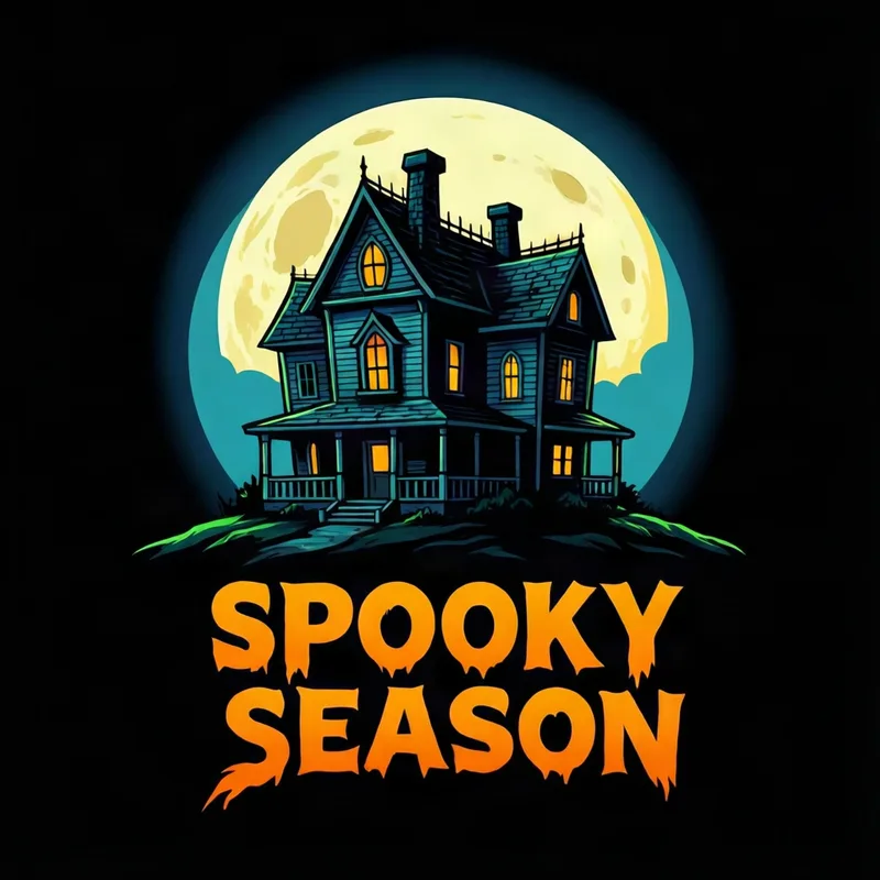 Halloween shirt design: a haunted house under a full moon above the words SPOOKY SEASON