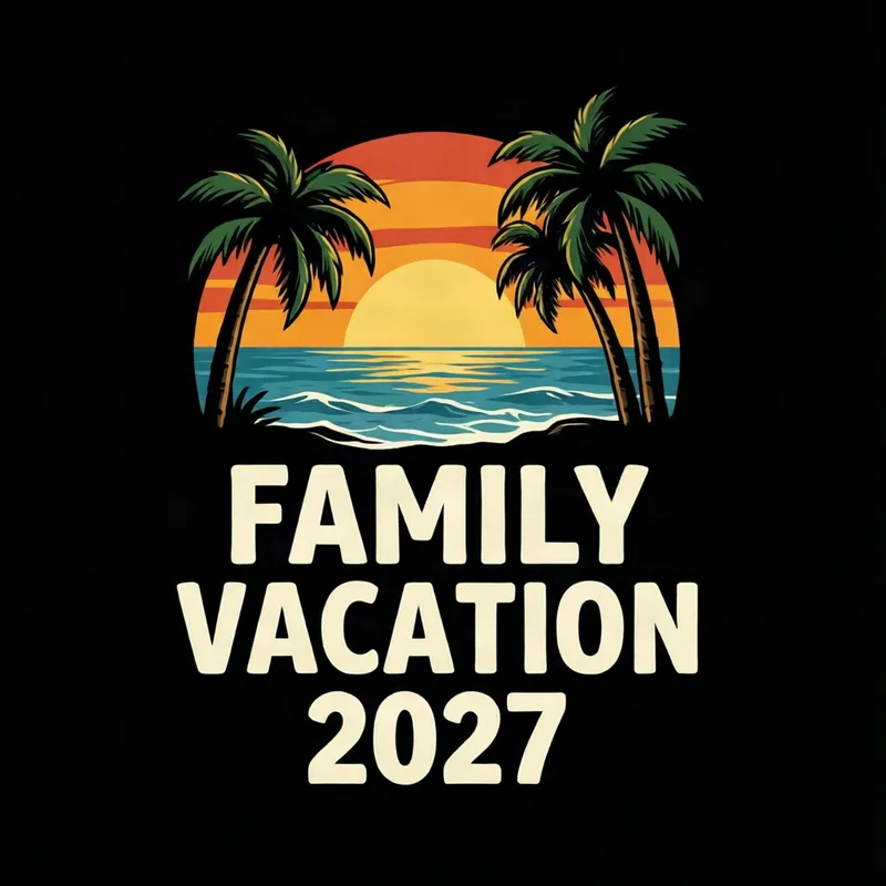 Matching family shirt design: a beach sunset with palm trees above the words FAMILY VACATION 2027