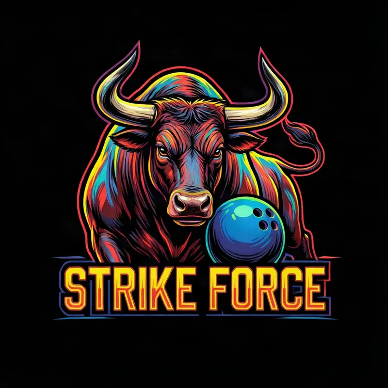 Team shirt design: a charging bull with a bowling ball above the words STRIKE FORCE