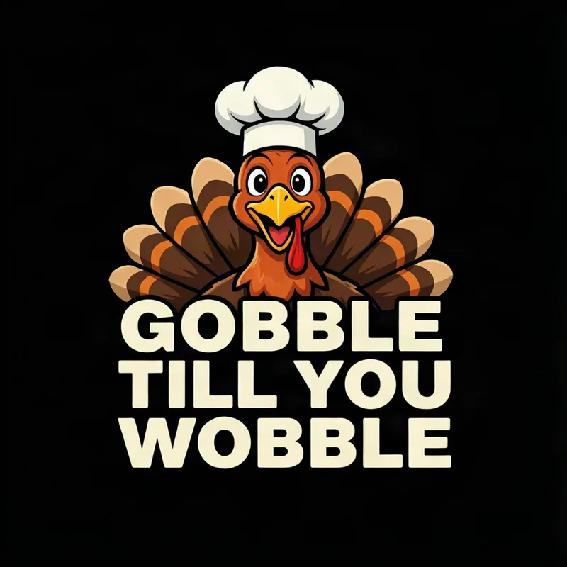 Thanksgiving shirt design: a cartoon turkey in a chef hat above the words GOBBLE TILL YOU WOBBLE