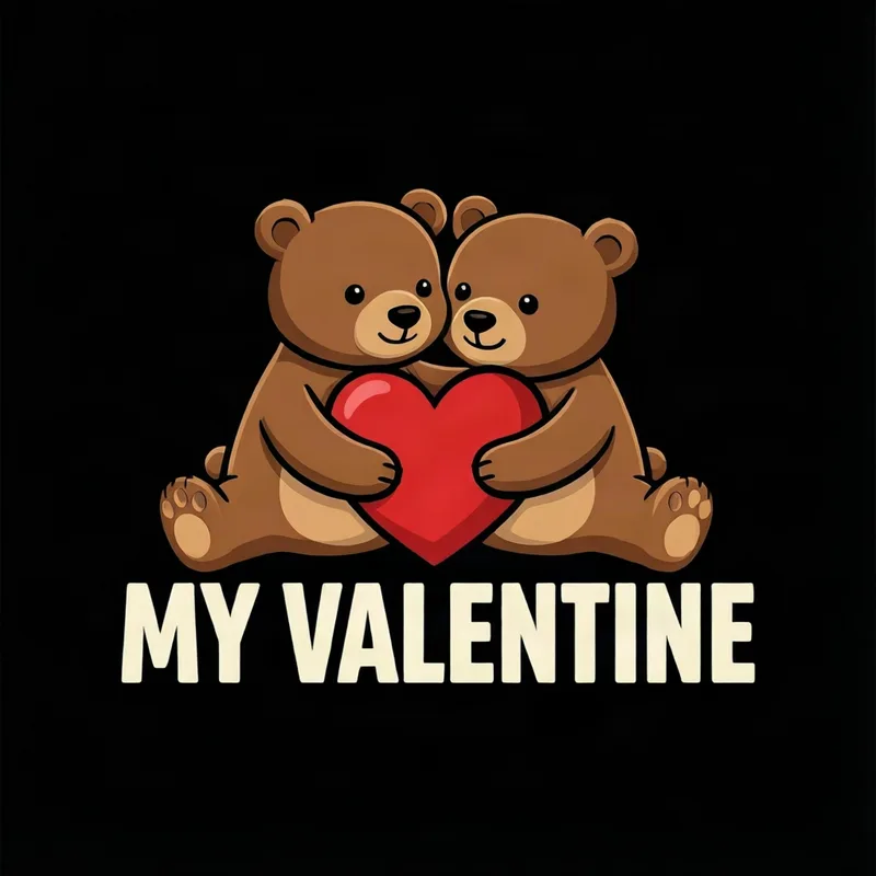 Valentine's Day shirt design: two cartoon bears hugging with a heart above the words MY VALENTINE