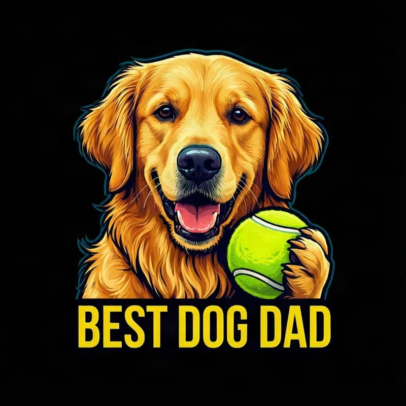 Dog shirt design: a smiling golden retriever holding a tennis ball above the words BEST DOG DAD